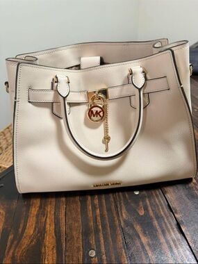 Michael Kors Beige Leather Satchel with Gold Logo Charm